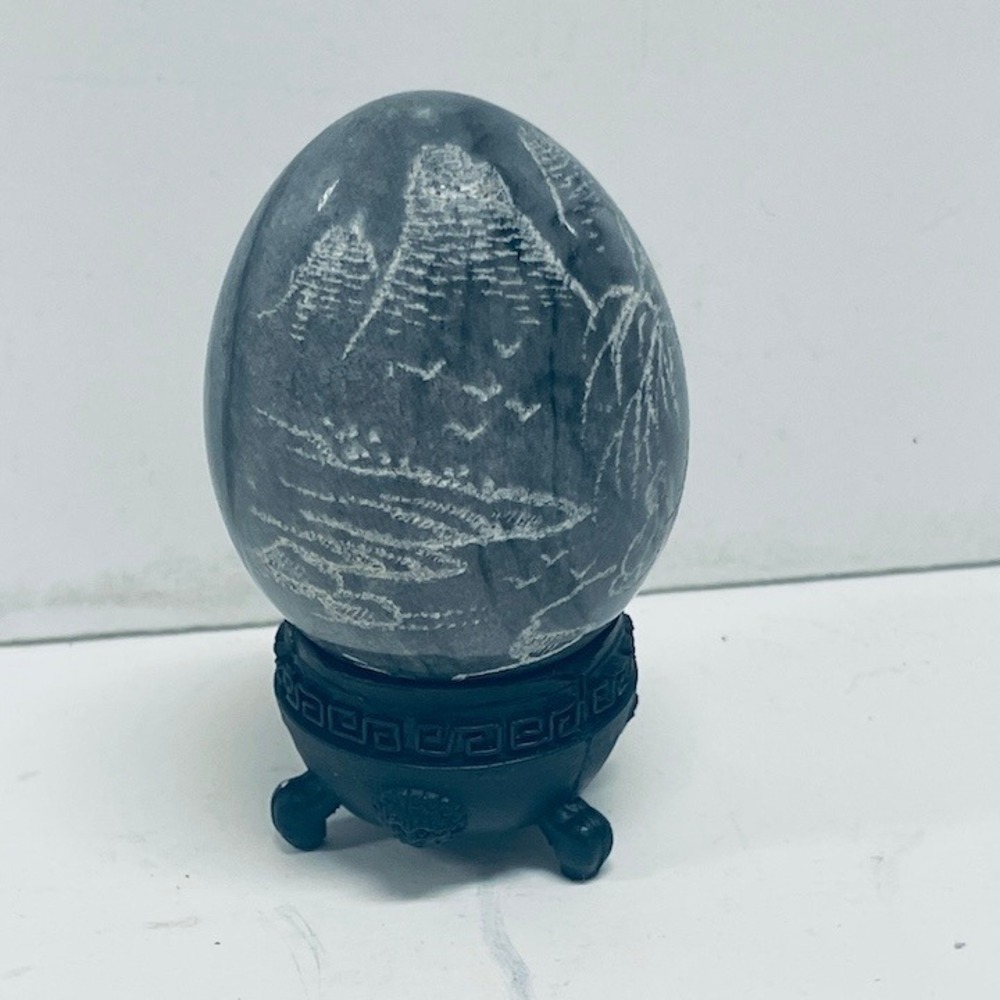 Vintage Hong Kong Gray Marble Display Egg - Etched Asian Dragon Motif with Stand